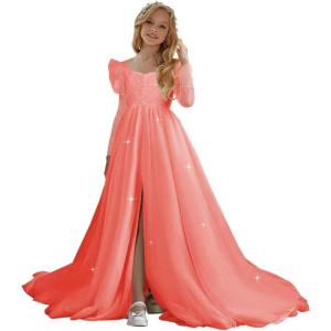 imageTulle First Communion Dress Long Sleeve Glitter Flower Girl Dress Puffy Ball Pageant GownCoral
