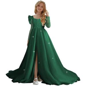 imageTulle First Communion Dress Long Sleeve Glitter Flower Girl Dress Puffy Ball Pageant GownDark Green