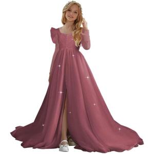 imageTulle First Communion Dress Long Sleeve Glitter Flower Girl Dress Puffy Ball Pageant GownDesert Rose