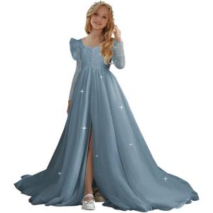 imageTulle First Communion Dress Long Sleeve Glitter Flower Girl Dress Puffy Ball Pageant GownDusty Blue
