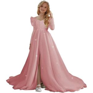 imageTulle First Communion Dress Long Sleeve Glitter Flower Girl Dress Puffy Ball Pageant GownDusty Pink