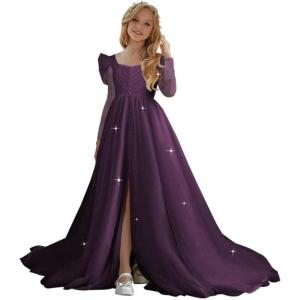 imageTulle First Communion Dress Long Sleeve Glitter Flower Girl Dress Puffy Ball Pageant GownGrape