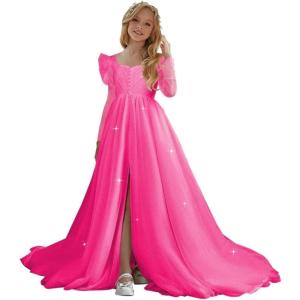 imageTulle First Communion Dress Long Sleeve Glitter Flower Girl Dress Puffy Ball Pageant GownHot Pink