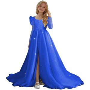 imageTulle First Communion Dress Long Sleeve Glitter Flower Girl Dress Puffy Ball Pageant GownLake Blue
