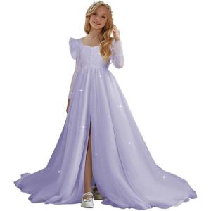 imageTulle First Communion Dress Long Sleeve Glitter Flower Girl Dress Puffy Ball Pageant GownLavender