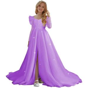 imageTulle First Communion Dress Long Sleeve Glitter Flower Girl Dress Puffy Ball Pageant GownLilac