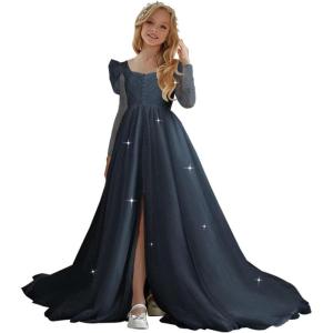imageTulle First Communion Dress Long Sleeve Glitter Flower Girl Dress Puffy Ball Pageant GownNavy Blue