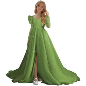 imageTulle First Communion Dress Long Sleeve Glitter Flower Girl Dress Puffy Ball Pageant GownOlive