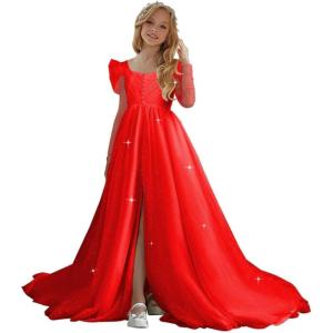 imageTulle First Communion Dress Long Sleeve Glitter Flower Girl Dress Puffy Ball Pageant GownRed