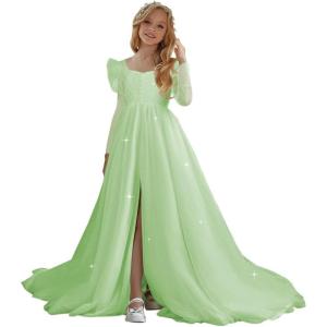 imageTulle First Communion Dress Long Sleeve Glitter Flower Girl Dress Puffy Ball Pageant GownSage