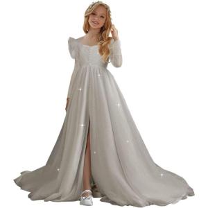 imageTulle First Communion Dress Long Sleeve Glitter Flower Girl Dress Puffy Ball Pageant GownSilver