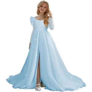 imageTulle First Communion Dress Long Sleeve Glitter Flower Girl Dress Puffy Ball Pageant GownSky Blue