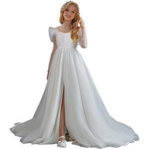 imageTulle First Communion Dress Long Sleeve Glitter Flower Girl Dress Puffy Ball Pageant GownWhite