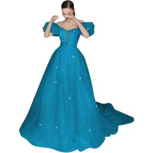 imageWomens Puffy Sleeve Prom Dresses Long Ball Gown Glitter Tulle Wedding Dresses for Bride V Neck A Line Princess GownBlue