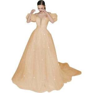 imageWomens Puffy Sleeve Prom Dresses Long Ball Gown Glitter Tulle Wedding Dresses for Bride V Neck A Line Princess GownChampagne