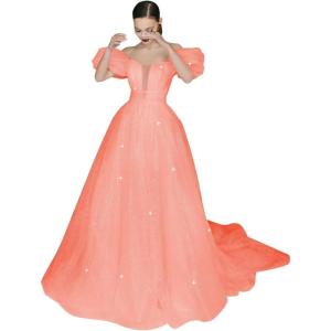 imageWomens Puffy Sleeve Prom Dresses Long Ball Gown Glitter Tulle Wedding Dresses for Bride V Neck A Line Princess GownCoral