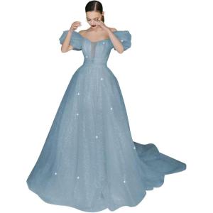 imageWomens Puffy Sleeve Prom Dresses Long Ball Gown Glitter Tulle Wedding Dresses for Bride V Neck A Line Princess GownDusty Blue