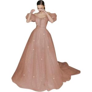 imageWomens Puffy Sleeve Prom Dresses Long Ball Gown Glitter Tulle Wedding Dresses for Bride V Neck A Line Princess GownDusty Rose