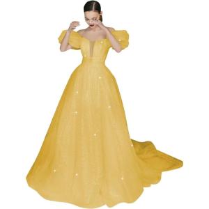 imageWomens Puffy Sleeve Prom Dresses Long Ball Gown Glitter Tulle Wedding Dresses for Bride V Neck A Line Princess GownGold