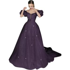 imageWomens Puffy Sleeve Prom Dresses Long Ball Gown Glitter Tulle Wedding Dresses for Bride V Neck A Line Princess GownGrape