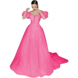 imageWomens Puffy Sleeve Prom Dresses Long Ball Gown Glitter Tulle Wedding Dresses for Bride V Neck A Line Princess GownHot Pink