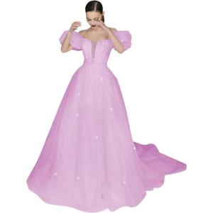 imageWomens Puffy Sleeve Prom Dresses Long Ball Gown Glitter Tulle Wedding Dresses for Bride V Neck A Line Princess GownLilac