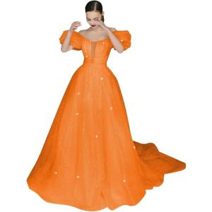 imageWomens Puffy Sleeve Prom Dresses Long Ball Gown Glitter Tulle Wedding Dresses for Bride V Neck A Line Princess GownOrange