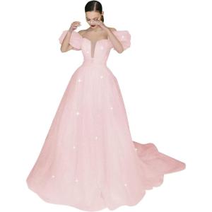 imageWomens Puffy Sleeve Prom Dresses Long Ball Gown Glitter Tulle Wedding Dresses for Bride V Neck A Line Princess GownPink