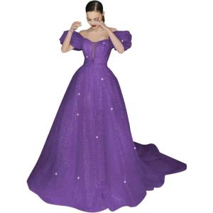 imageWomens Puffy Sleeve Prom Dresses Long Ball Gown Glitter Tulle Wedding Dresses for Bride V Neck A Line Princess GownPurple