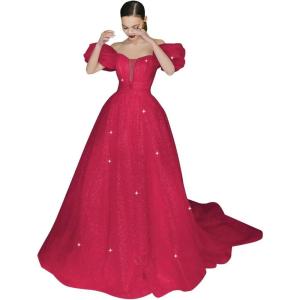 imageWomens Puffy Sleeve Prom Dresses Long Ball Gown Glitter Tulle Wedding Dresses for Bride V Neck A Line Princess GownRose Red