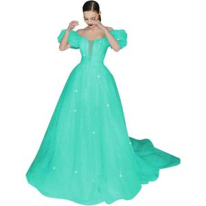 imageWomens Puffy Sleeve Prom Dresses Long Ball Gown Glitter Tulle Wedding Dresses for Bride V Neck A Line Princess GownTurquoise