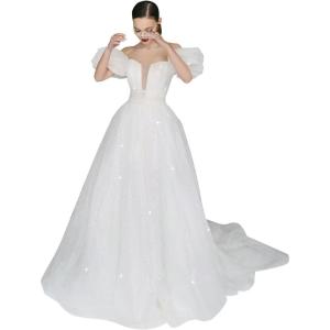 imageWomens Puffy Sleeve Prom Dresses Long Ball Gown Glitter Tulle Wedding Dresses for Bride V Neck A Line Princess GownWhite