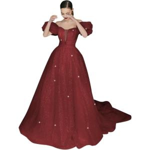 imageWomens Puffy Sleeve Prom Dresses Long Ball Gown Glitter Tulle Wedding Dresses for Bride V Neck A Line Princess GownWine Red