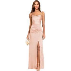 imageWomens Spaghetti Straps Bridesmaid Dresses Long with Slit Cowl Neck Mermaid Pleated Formal Evening DressesBlush