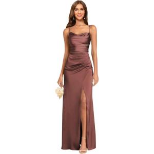 imageWomens Spaghetti Straps Bridesmaid Dresses Long with Slit Cowl Neck Mermaid Pleated Formal Evening DressesBrown