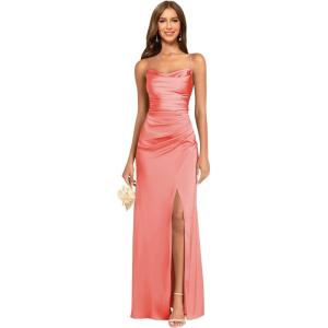 imageWomens Spaghetti Straps Bridesmaid Dresses Long with Slit Cowl Neck Mermaid Pleated Formal Evening DressesCoral