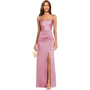imageWomens Spaghetti Straps Bridesmaid Dresses Long with Slit Cowl Neck Mermaid Pleated Formal Evening DressesDusty Pink