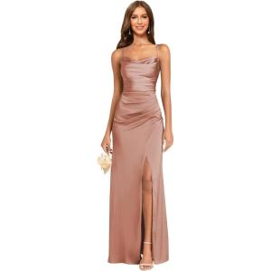imageWomens Spaghetti Straps Bridesmaid Dresses Long with Slit Cowl Neck Mermaid Pleated Formal Evening DressesDusty Rose
