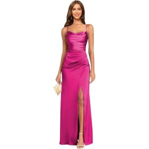 imageWomens Spaghetti Straps Bridesmaid Dresses Long with Slit Cowl Neck Mermaid Pleated Formal Evening DressesFuchsia