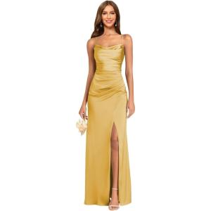 imageWomens Spaghetti Straps Bridesmaid Dresses Long with Slit Cowl Neck Mermaid Pleated Formal Evening DressesGold