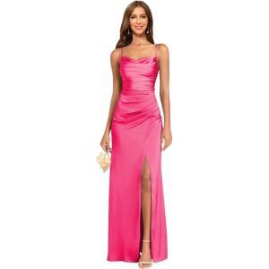 imageWomens Spaghetti Straps Bridesmaid Dresses Long with Slit Cowl Neck Mermaid Pleated Formal Evening DressesHot Pink
