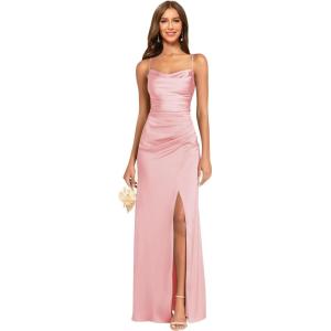 imageWomens Spaghetti Straps Bridesmaid Dresses Long with Slit Cowl Neck Mermaid Pleated Formal Evening DressesPink