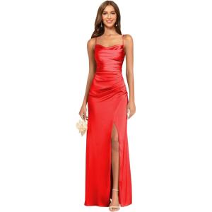 imageWomens Spaghetti Straps Bridesmaid Dresses Long with Slit Cowl Neck Mermaid Pleated Formal Evening DressesRed