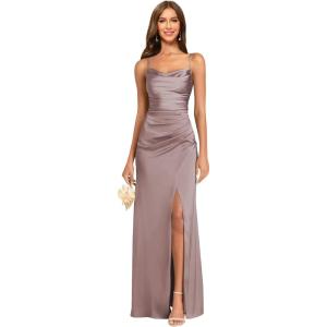 imageWomens Spaghetti Straps Bridesmaid Dresses Long with Slit Cowl Neck Mermaid Pleated Formal Evening DressesTaupe