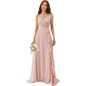 imagehomdor Chiffon Bridesmaid Dresses Spaghetti Straps V Neck Ruffle Evening Formal GownBlush Pink