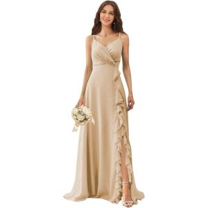 imagehomdor Chiffon Bridesmaid Dresses Spaghetti Straps V Neck Ruffle Evening Formal GownChampagne