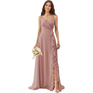 imagehomdor Chiffon Bridesmaid Dresses Spaghetti Straps V Neck Ruffle Evening Formal GownDusty Rose