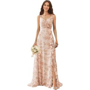 imagehomdor Chiffon Bridesmaid Dresses Spaghetti Straps V Neck Ruffle Evening Formal GownFloral Blush
