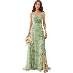 imagehomdor Chiffon Bridesmaid Dresses Spaghetti Straps V Neck Ruffle Evening Formal GownFloral Green