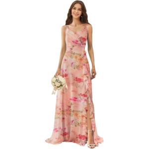 imagehomdor Chiffon Bridesmaid Dresses Spaghetti Straps V Neck Ruffle Evening Formal GownFloral Orange